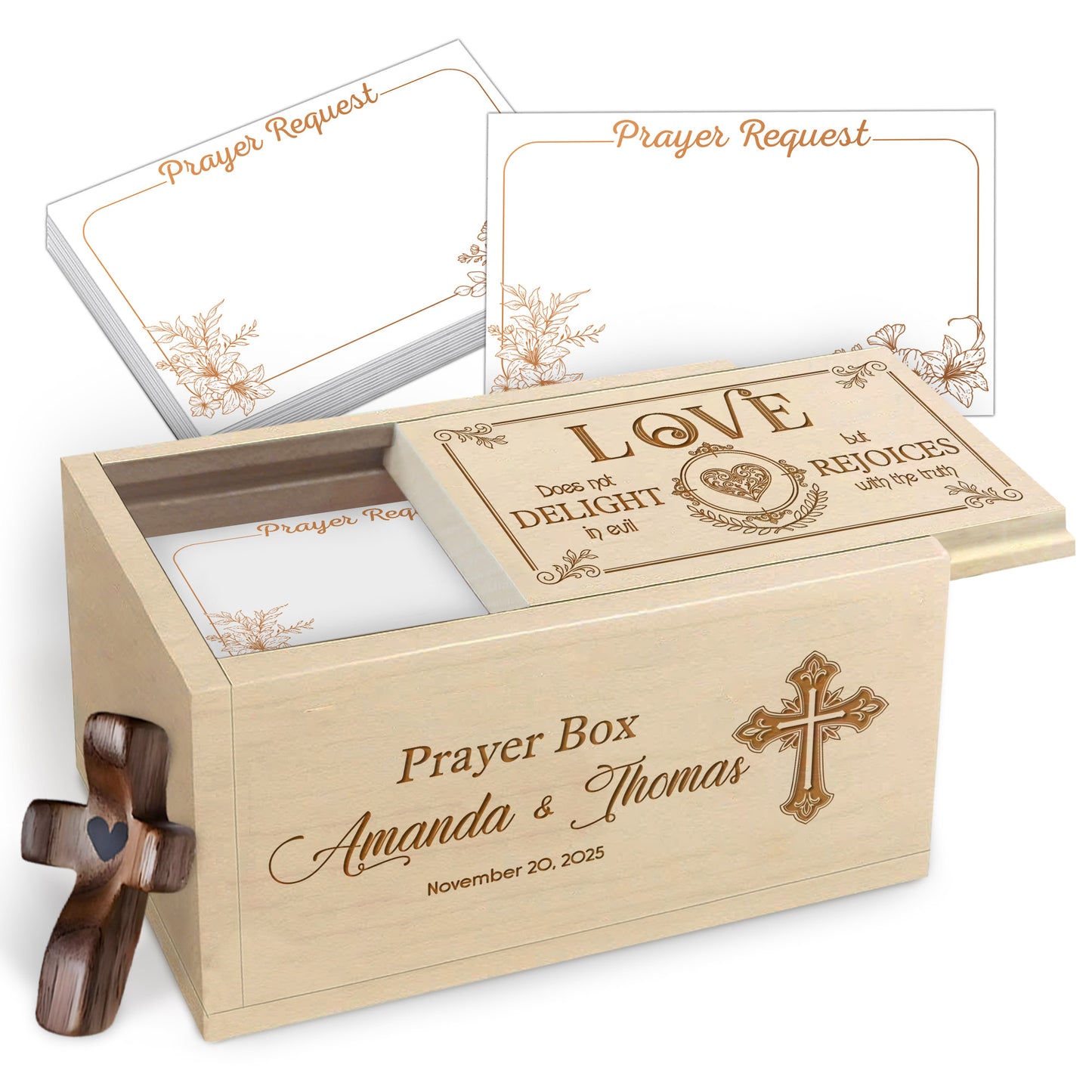 Netecom Personalized Couple Prayer Box with Custom Names & Date, Wooden Cross and 100 Prayer Request Cards, Christian Valentine Gift for Him and Her