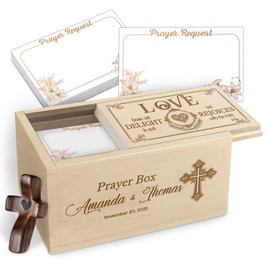 Netecom Personalized Couple Prayer Box with Custom Names & Date, Wooden Cross and 100 Prayer Request Cards, Christian Valentine Gift for Him and Her