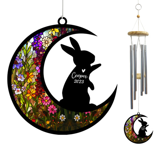 Netecom Rabbit Wind Chimes Memorial, Personalized Pet Memorial Windchime for Bunny Suncatcher, Loss of Pet Remembrance Gift, Sympathy Wind Chimes Outside Garden Decor, Rabbit Passing Away Gifts