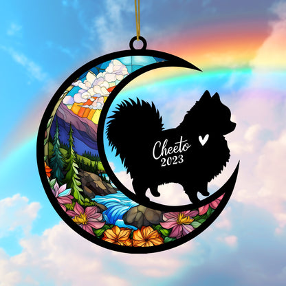 Netecom Personalized Pomeranian Dog Memorial Suncatcher, Pomeranian Christmas Ornament with Name Date, Pet Loss Stained Glass Sun Catcher, Dog Memorial Ornament, Bereavement Sympathy Gift for Dog Lovers