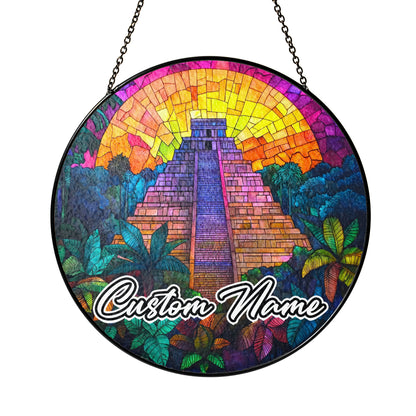 Netecom Personalized Mexico Landmark Stained Glass Suncatcher – Mayan Pyramid Ornament, Unique Cultural Decor & Travel Gift for Home or Souvenir