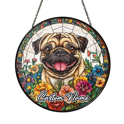Netecom Custom Pug Dog Stained Glass Ornament, Personalized Memorial Suncatcher, Pet Loss Sympathy Gift, Christmas Decoration