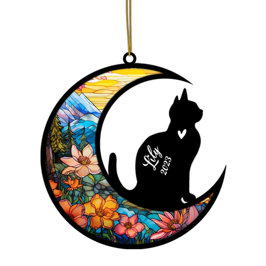 Netecom Personalized Domestic Shorthair Cat Memorial Suncatcher - Custom with Name & Date - Pet Loss Light Catcher - Christmas Cat Ornament for Window Hangings