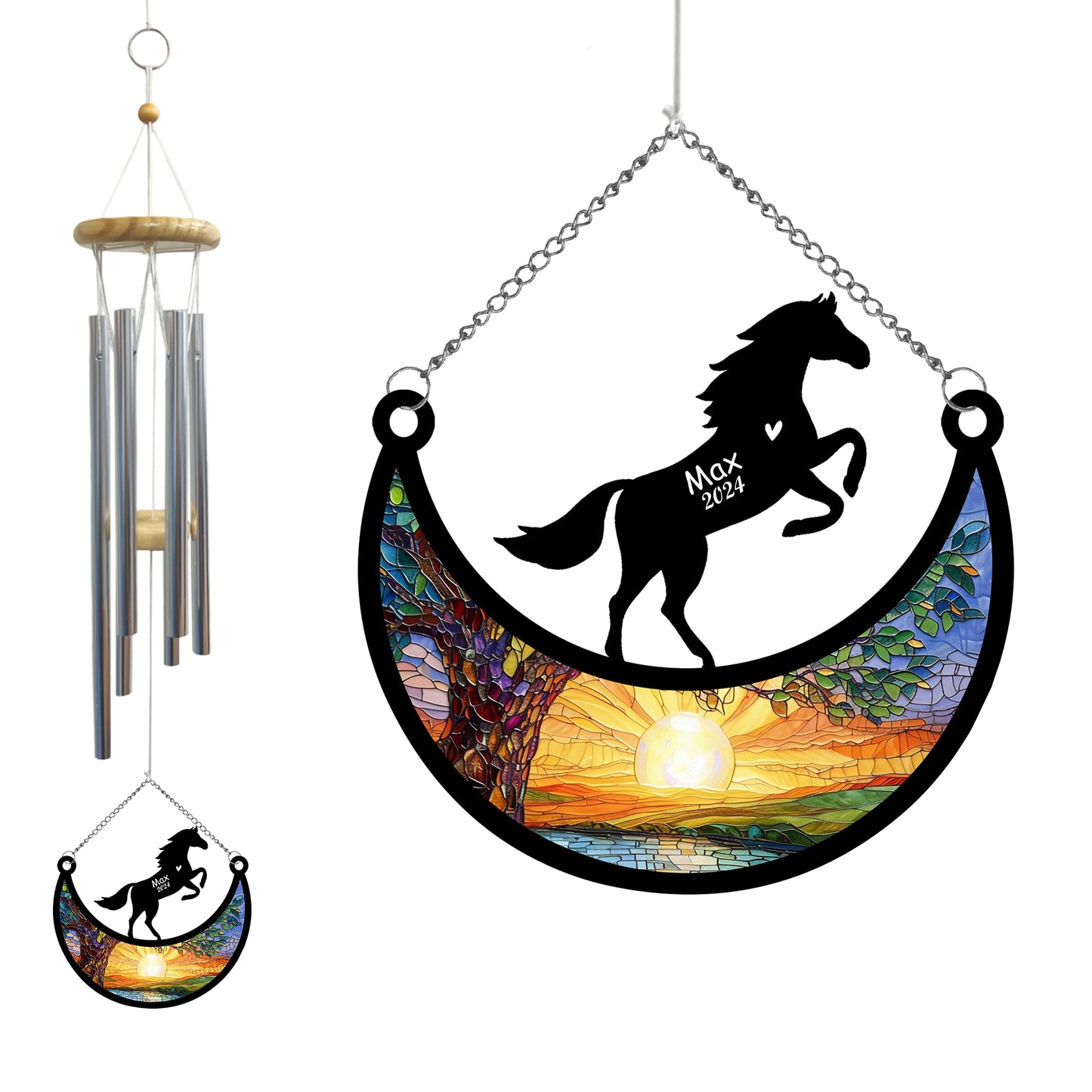 Netecom Horse Memorial Wind Chimes with Suncatcher, Personalized Pet Loss Gift, Outdoor Garden Remembrance Ornament for Horse Lovers