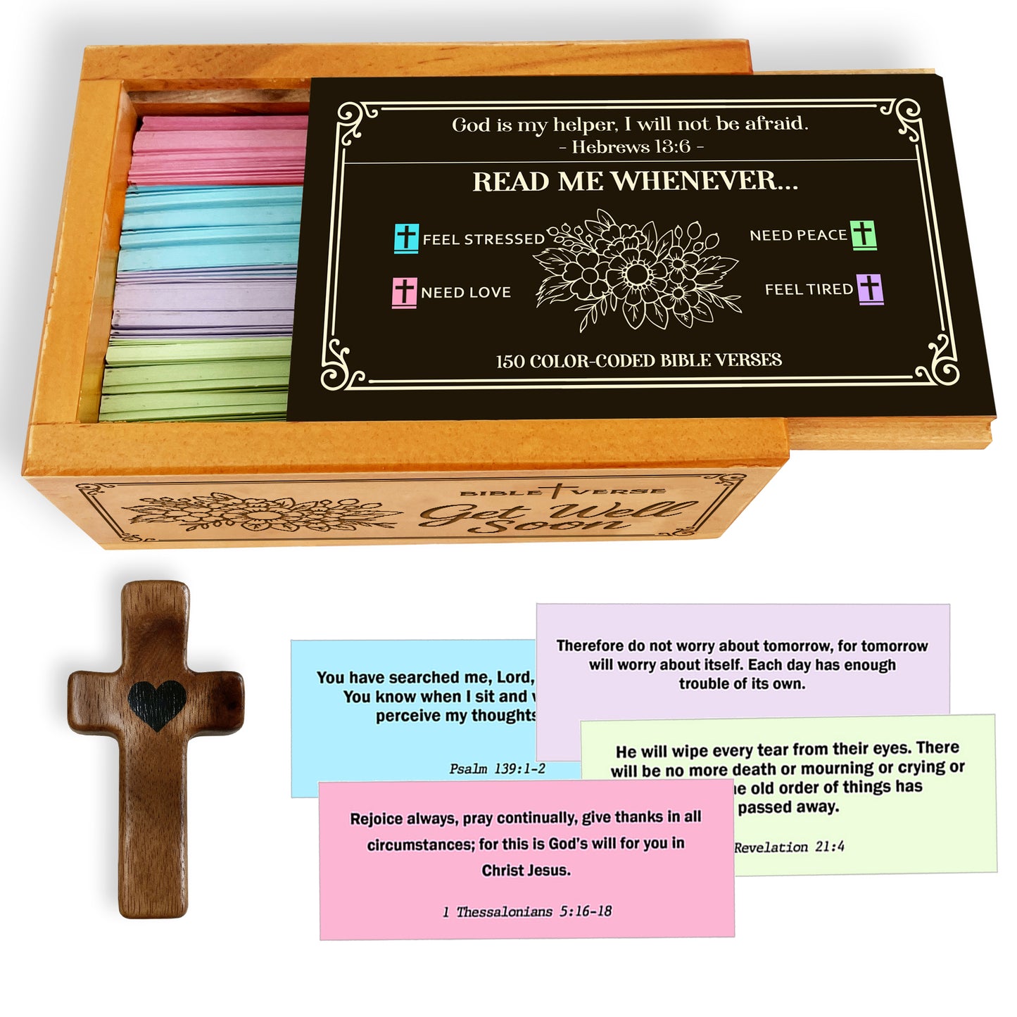 Netecom Bible Verse Box with Prayer Cross, 150 Scripture Cards for Emotions & Feelings, 4 Color-Coded Themes – Uplifting Christian Gift for Comfort & Support