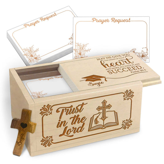 Netecom Personalized Wooden Prayer Box for Graduation with Custom Name Cross, Maple Wood Faith Keepsake with 100 Prayer Request Cards, Christian Gift for Students & New Beginnings