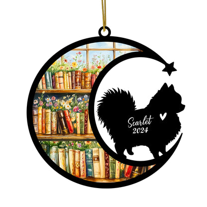 Netecom Personalized Pomeranian Suncatcher for Windows Hanging, Custom Pom Dog Sun Catcher Ornament with Name Date, Unique Gifts for Book Lovers, Reader Teacher Librarian Bookworm