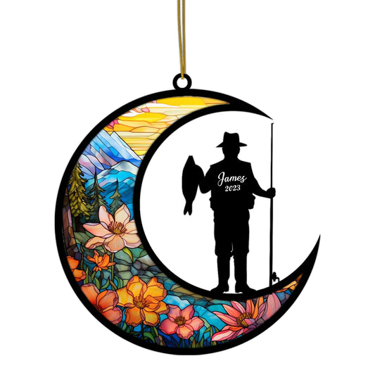 Netecom Personalized Fishing Suncatcher - Fishing Ornament for Car & Window - Fisherman Christmas Ornament for Tree Hanging Decorations - Gift for Fishing Lovers, Dad, Brother & Friends