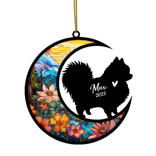 Netecom Personalized Pomeranian Memorial Suncatcher - Beagle Christmas Ornament with Name & Date - Dog Memorial Ornament - Pet Loss Sympathy Gift - Stained Glass Light Catcher