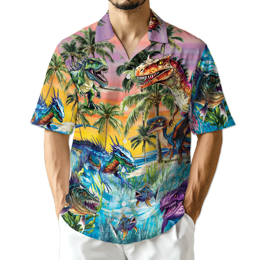 Netecom Tropical Dinosaur Hawaiian Shirt for Men, Dinosaur Lover Gifts, Animal Button Down Summer Beach Shirts