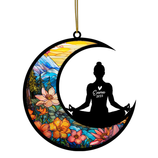 Netecom Personalized Yoga Suncatcher - Meditation & Namaste Christmas Tree Ornament - Custom Yoga Pendant for Car, Window & Home - Fitness Gift for Yoga Lovers