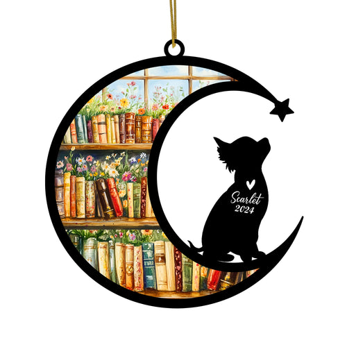Netecom Personalized Chihuahua Suncatcher for Windows Hanging, Custom Dog Sun Catcher Ornament with Name Date, Unique Gifts for Book Lovers, Reader Teacher Librarian Bookworm