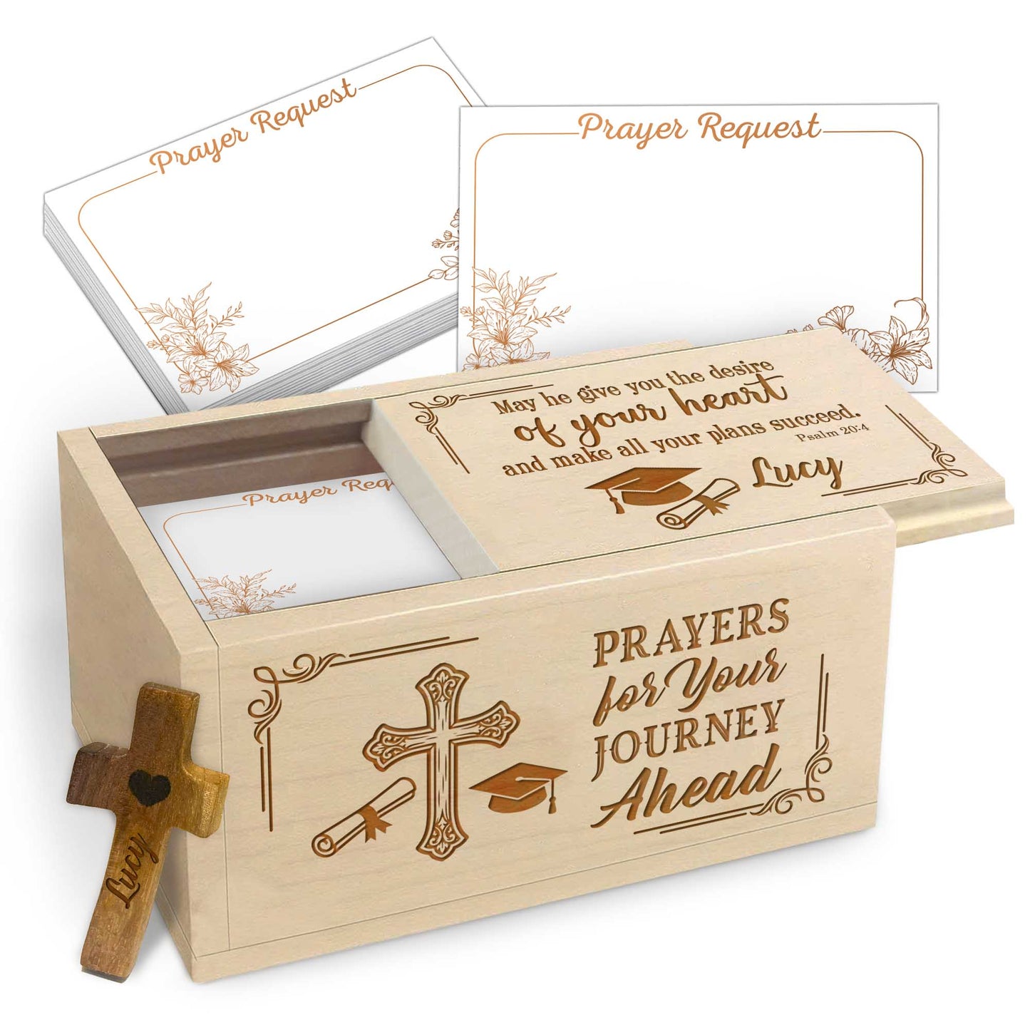 Netecom Personalized Graduation Prayer Box with Custom Name Wooden Cross, Maple Wood Faith Keepsake with 100 Prayer Cards, Christian Gift for New Beginnings