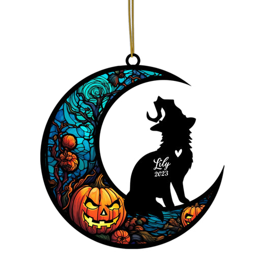Netecom Personalized Halloween Maine Coon Cat Suncatcher - Custom Cat Ornament with Name, Maine Coon Cat with Witch Hat Halloween Decoration for Window or Garden, Spooky Acrylic Pendant Decor