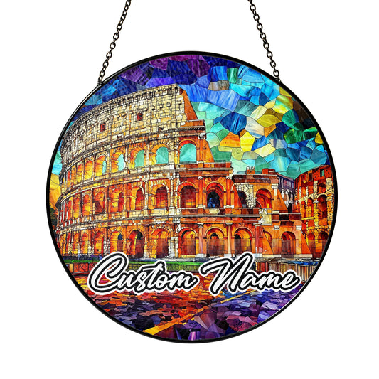 Netecom Italy Landmark Stained Glass Sun Catcher – Colosseum Ornament, Custom Rome Gift for Home & Office Decor