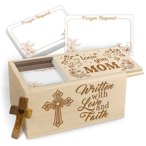 Netecom Personalized Wooden Prayer Box with 100 Prayer Request Cards and Custom Name Hand Cross, Christian Faith Gift for Mom, Family or Loved One