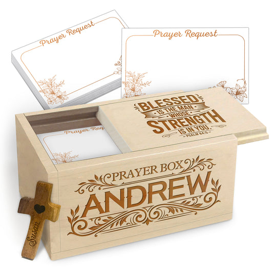 Netecom Personalized Prayer Box for Men – 150 Prayer Request Cards with Custom Name on Box & Cross, Christian Keepsake Gift for Daily Devotion, Encouragement & Spiritual Support