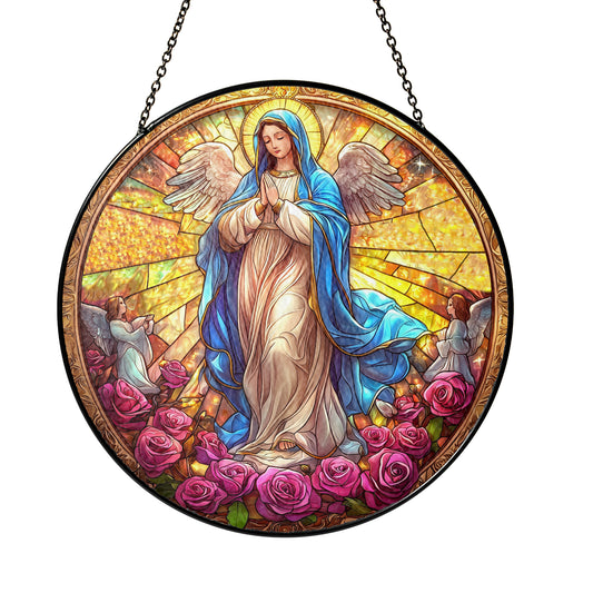 Netecom Holy Mother Stained Glass Suncatcher, Virgin Mary Window Hanging Decor, Religious Home Accent, Spiritual Gift for Christmas and Easter