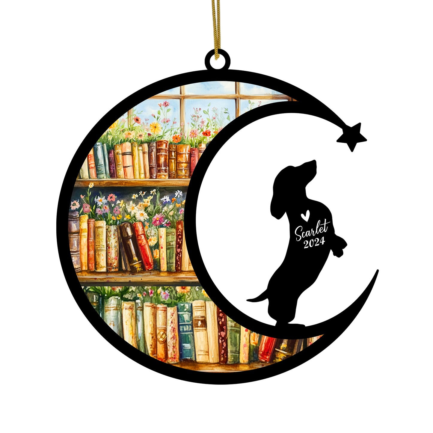 Netecom Personalized Dachshund Suncatcher for Windows Hanging, Custom Wiener Dog Sun Catcher Ornament with Name Date, Unique Gifts for Book Lovers, Reader Teacher Librarian Bookworm
