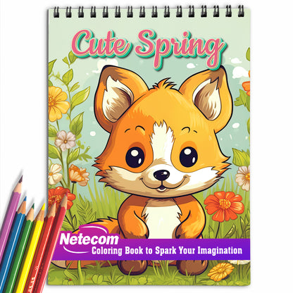 Cute Spring Spiral Bound Coloring Book, Unleash Your Creativity with 30 Coloring Pages, Featuring Charming Illustrations of Cute Characters and Spring Elements