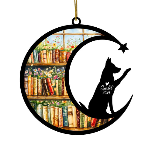 Netecom Personalized German Shepherd Suncatcher for Windows Hanging, Custom Dog Sun Catcher Ornament with Name Date, Unique Gifts for Book Lovers, Reader Teacher Librarian Bookworm