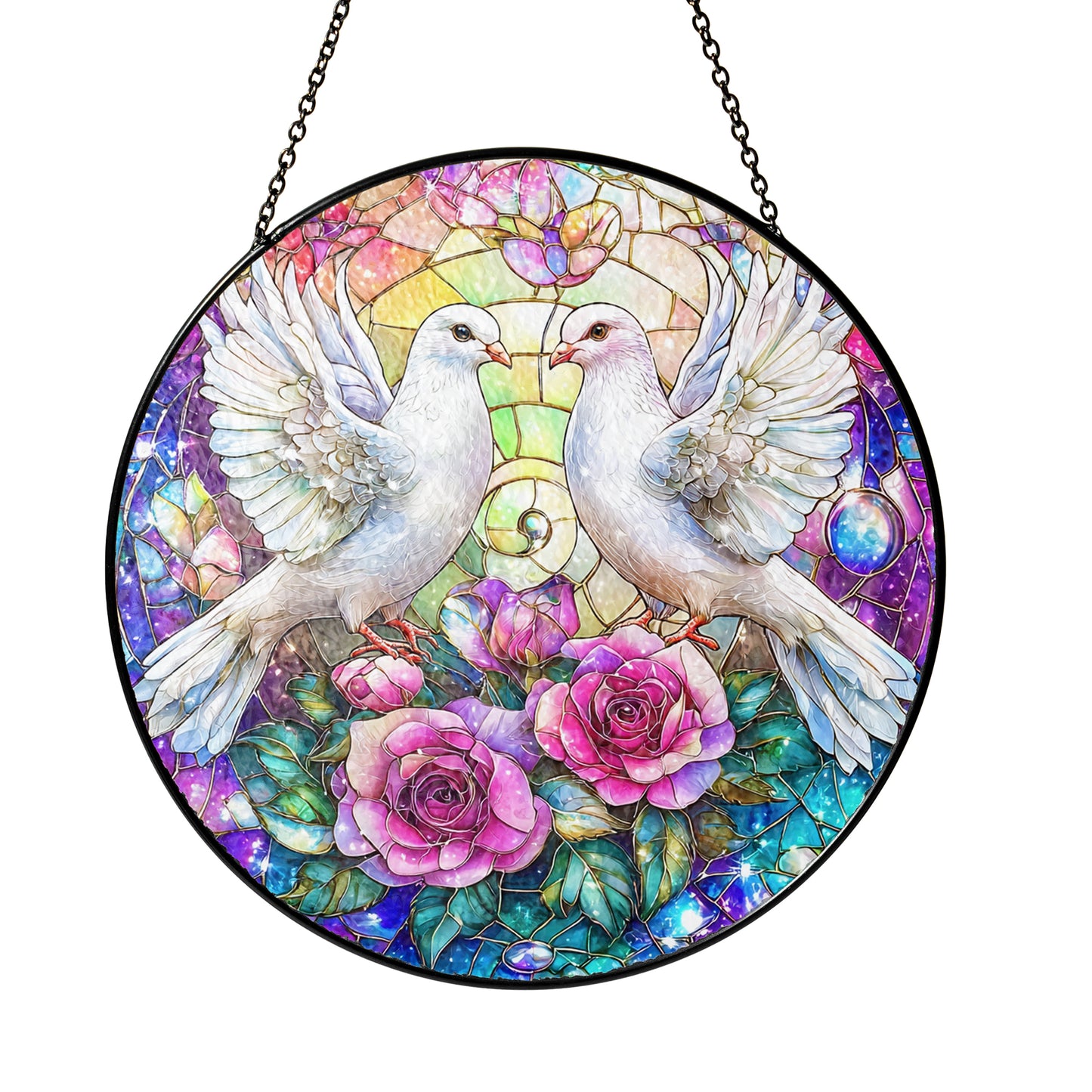 Netecom White Doves Stained Glass Suncatcher, Romantic Window Hanging Decor, Elegant Home Accent, Wedding Anniversary or Christmas Gift for Couples