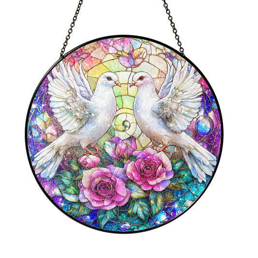 Netecom White Doves Stained Glass Suncatcher, Romantic Window Hanging Decor, Elegant Home Accent, Wedding Anniversary or Christmas Gift for Couples