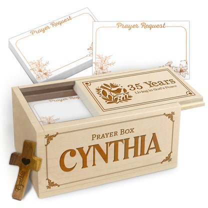 Netecom Personalized 35th Birthday Prayer Box with Custom Name & Year, Wooden Cross and 100 Prayer Request Cards, Christian Faith Gift