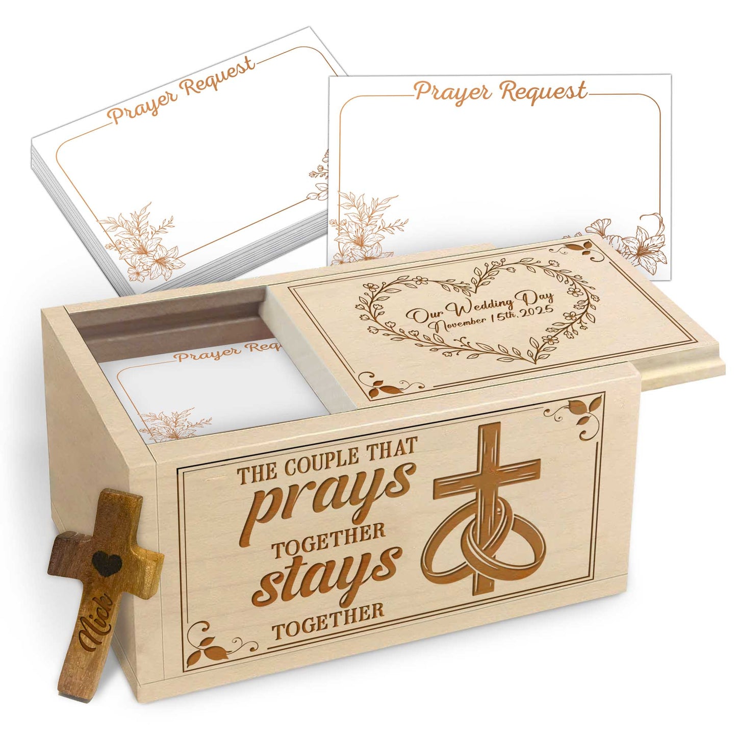 Netecom Personalized Wedding Prayer Box with Custom Anniversary Date & Name Cross, Wooden Faith Keepsake with 100 Prayer Request Cards, Christian Gift for Couples & Marriage