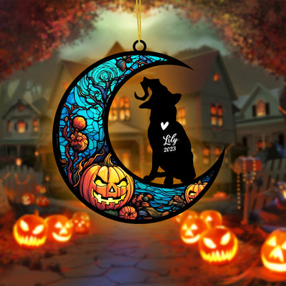 Netecom Personalized Halloween Russian Blue Cat Suncatcher - Custom Cat Ornament with Name, Russian Blue Cat with Witch Hat Halloween Decoration for Window or Garden