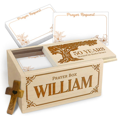 Netecom Personalized Birthday Prayer Box 50 Years with Custom Name, Christian Faith Gift with Wooden Cross & 100 Prayer Request Cards, Meaningful 50th Birthday Gift