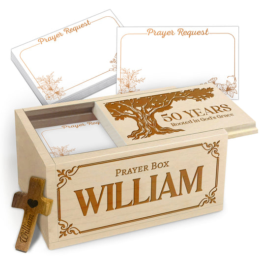 Netecom Personalized Birthday Prayer Box 50 Years with Custom Name, Christian Faith Gift with Wooden Cross & 100 Prayer Request Cards, Meaningful 50th Birthday Gift