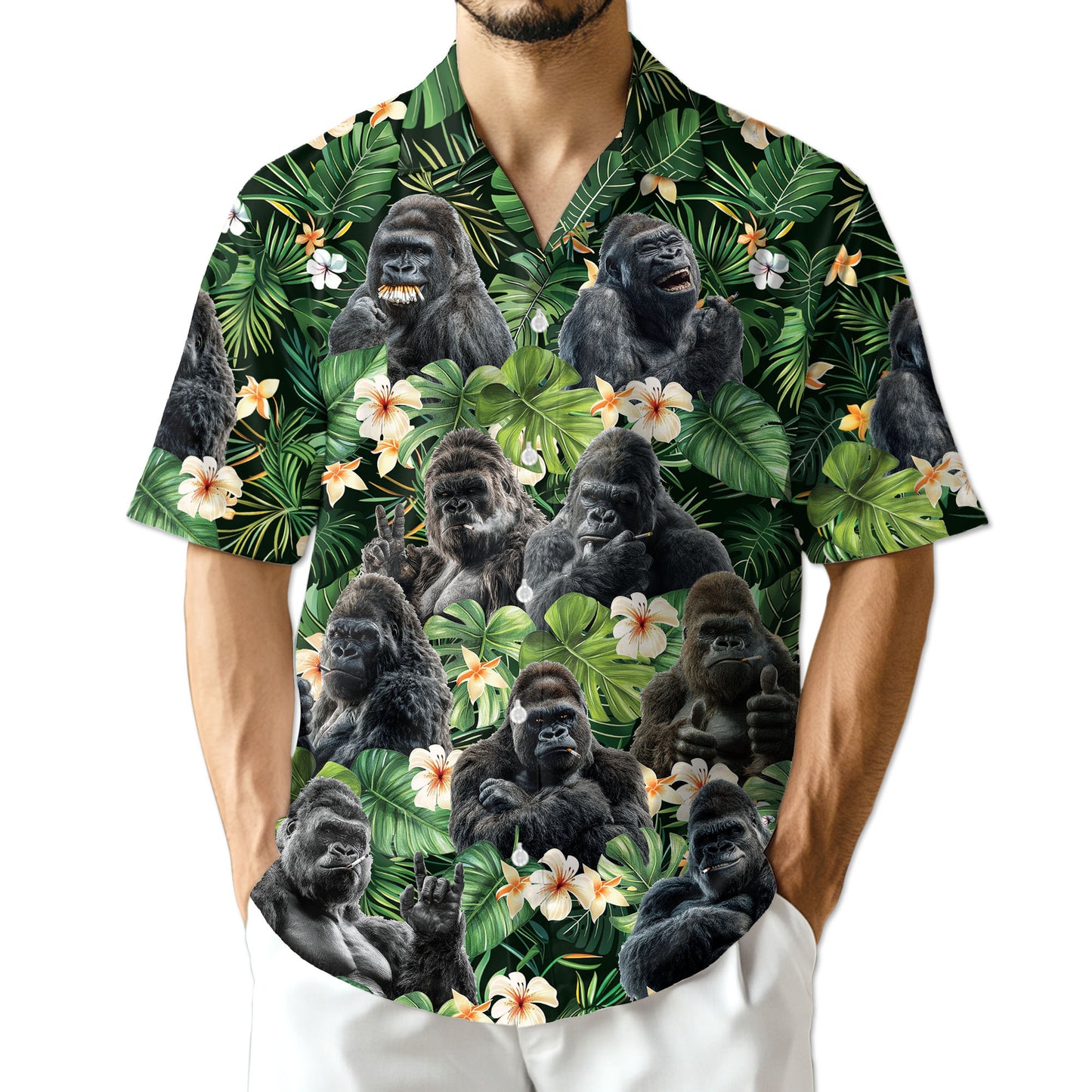 Netecom Funny Gorilla Smoking Hawaiian Shirt, Monkey Lover Gifts, Tropical Animal Button Down Summer Beach Shirts