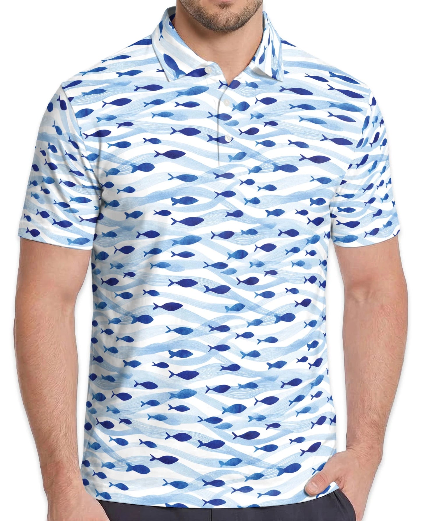 Blue and White Fish Pattern Polo Shirt for Men – Coastal Nautical Style | Netecom