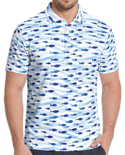 Blue and White Fish Pattern Polo Shirt for Men – Coastal Nautical Style | Netecom