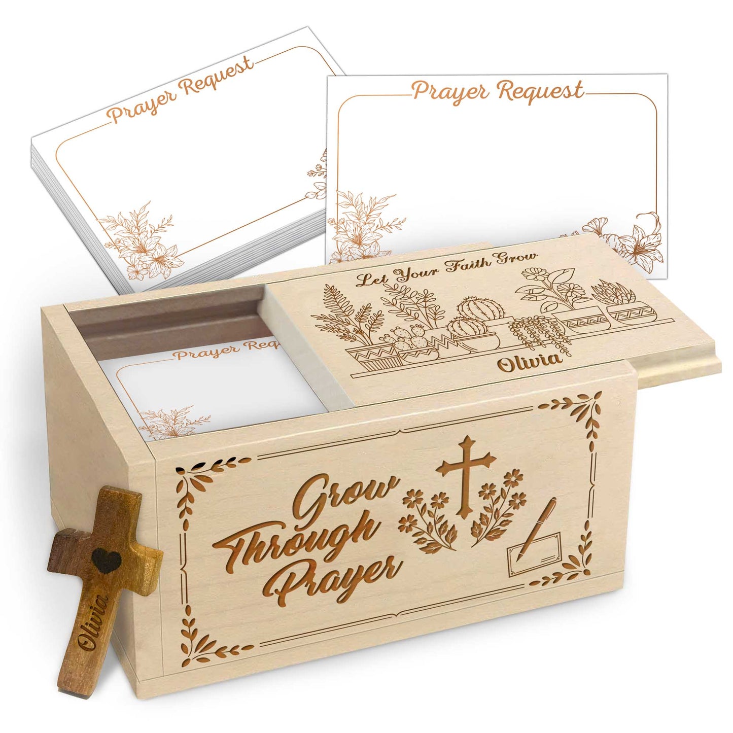 Netecom Personalized Wooden Prayer Box with Custom Name & Handheld Cross, 100 Prayer Request Cards – Grow Through Prayer Christian Faith Gift