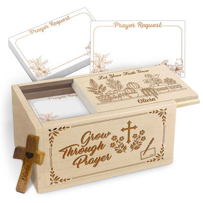 Netecom Personalized Wooden Prayer Box with Custom Name & Handheld Cross, 100 Prayer Request Cards – Grow Through Prayer Christian Faith Gift