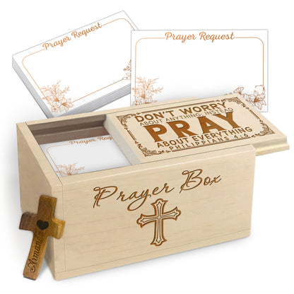 Netecom Wooden Prayer Box with Bible Verse Engraving, 100 Prayer Request Cards & Personalized Name Cross – Religious Faith Gift