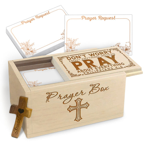 Netecom Wooden Prayer Box with Bible Verse Engraving, 100 Prayer Request Cards & Personalized Name Cross – Religious Faith Gift