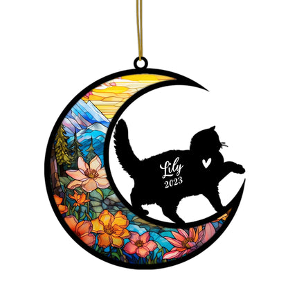 Netecom Personalized British Shorthair Cat On Moon Suncatcher - Custom with Name & Date - Pet Loss Light Catcher - Gifts for Cat Lovers - Christmas Cat Ornament for Car Hangings