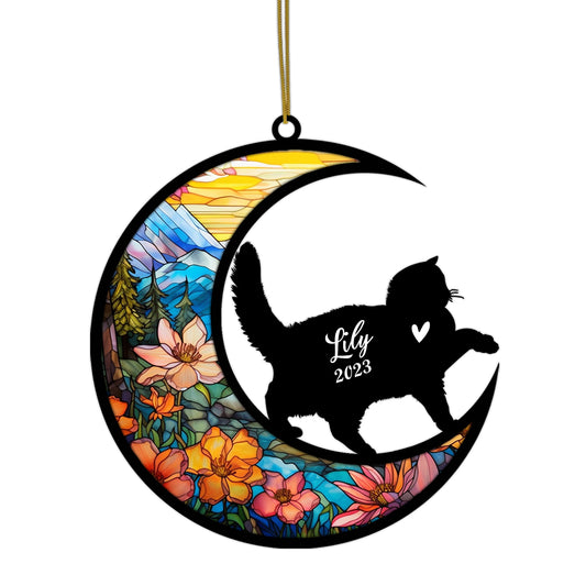 Netecom Personalized British Shorthair Cat On Moon Suncatcher - Custom with Name & Date - Pet Loss Light Catcher - Gifts for Cat Lovers - Christmas Cat Ornament for Car Hangings