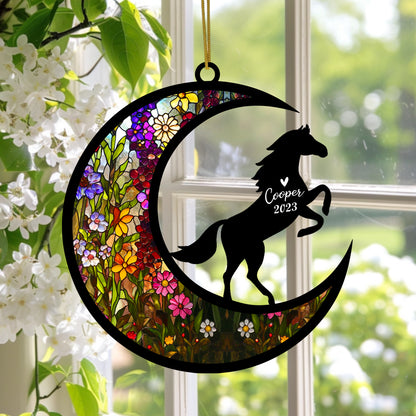 Netecom Personalized Horse Memorial Suncatcher Ornament, Horseback Riding Equestrian Sun catcher Custom Horse Name Date Hanging Bereavement Horse Loss Gift Housewarming Horse Lover Gift