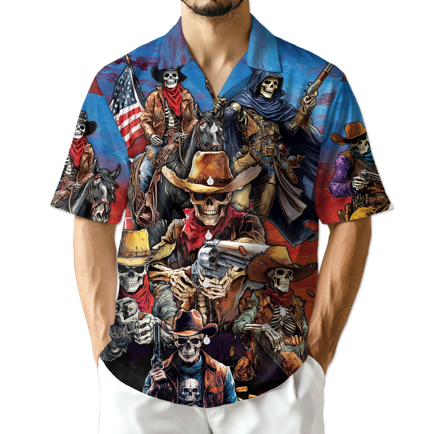 Netecom Western Cowboy Skeleton Hawaiian Shirt for Men, American Flag Button Down Summer Beach Short Sleeve Shirts