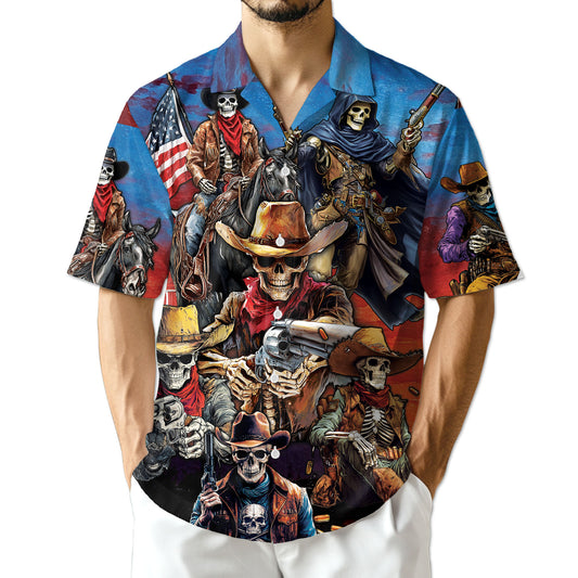 Netecom Western Cowboy Skeleton Hawaiian Shirt for Men, American Flag Button Down Summer Beach Short Sleeve Shirts