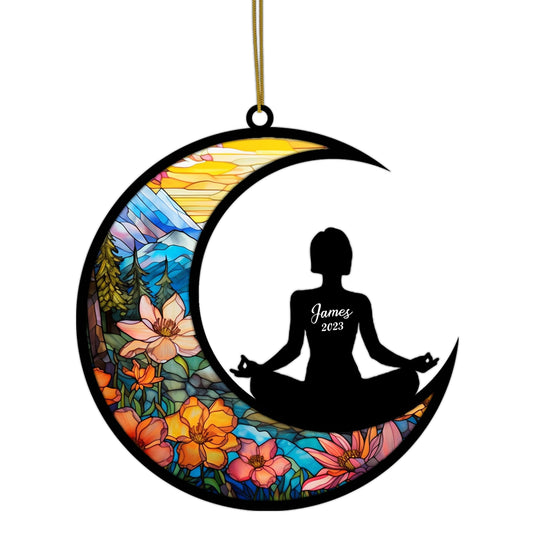 Netecom Personalized Yoga Suncatcher - Yoga Meditation Christmas Tree Ornament & Namaste Christmas Pendant - Hanging Ornaments for Car, Window - Custom Fitness Gift for Women