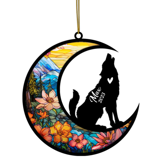 Netecom Personalized Wolf Memorial Suncatcher Ornament Decoration, Wolf Car Windows Hangings, Bereavement Wolf Loss Gift, Custom Wolf Suncatcher with Name Date, Memorial Gifts for Wolf Lovers