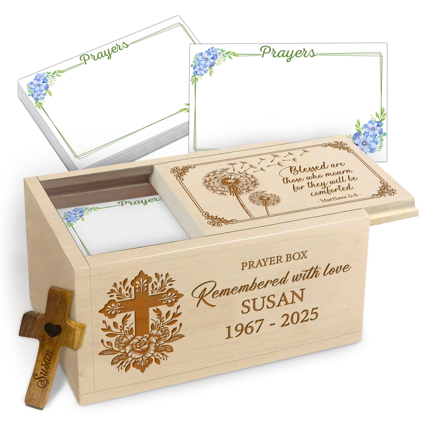 Netecom Personalized Memorial Prayer Box with 100 Prayer Request Cards & Handheld Cross – Custom Name and Years, Wooden Remembrance Keepsake, Forever in Our Hearts