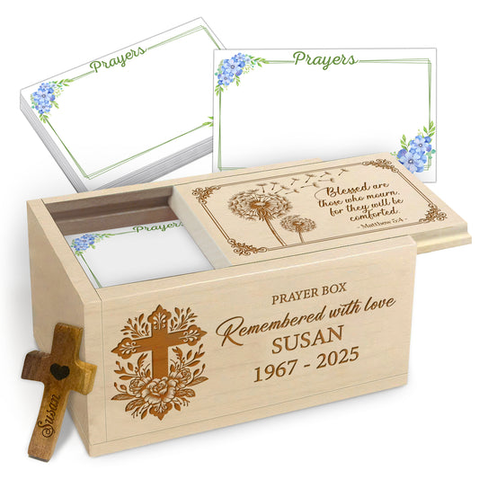 Netecom Personalized Memorial Prayer Box with 100 Prayer Request Cards & Handheld Cross – Custom Name and Years, Wooden Remembrance Keepsake, Forever in Our Hearts