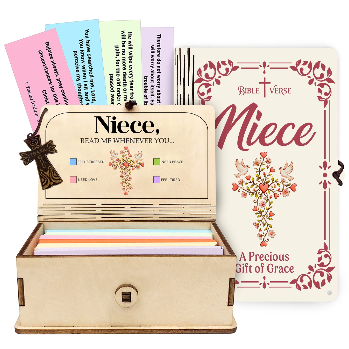 Netecom Bible Verse Box for Niece – 150 Color-Coded Scripture Cards with Mini Cross, Christian Faith Keepsake for Daily Prayer, Encouragement & Spiritual Guidance
