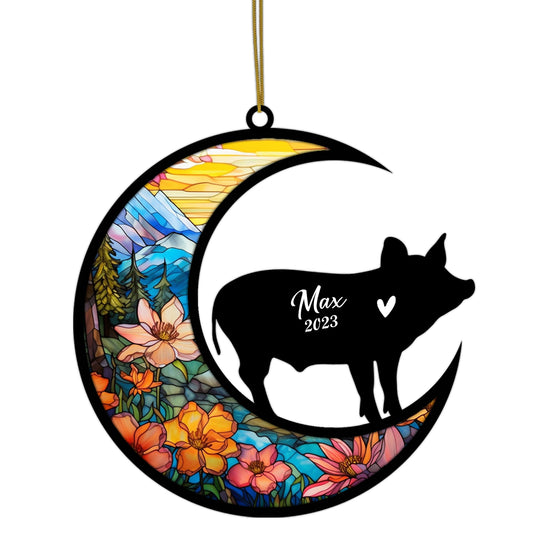 Netecom Personalized Pig Memorial Suncatcher, Pet Loss Suncatcher, Bereavement Pig Loss Gift, Custom Pig Suncatcher with Name Date, Gifts for Pig Lovers Hanging Ornaments for Xmas, Car, Window